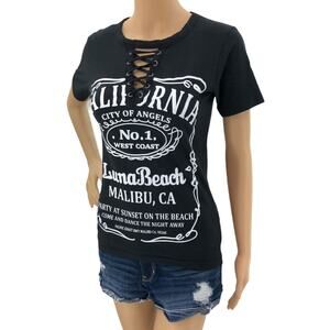 ON FIRE SMALL Black Lace Up Malibu California Luna Beach Short Sleeve Tee